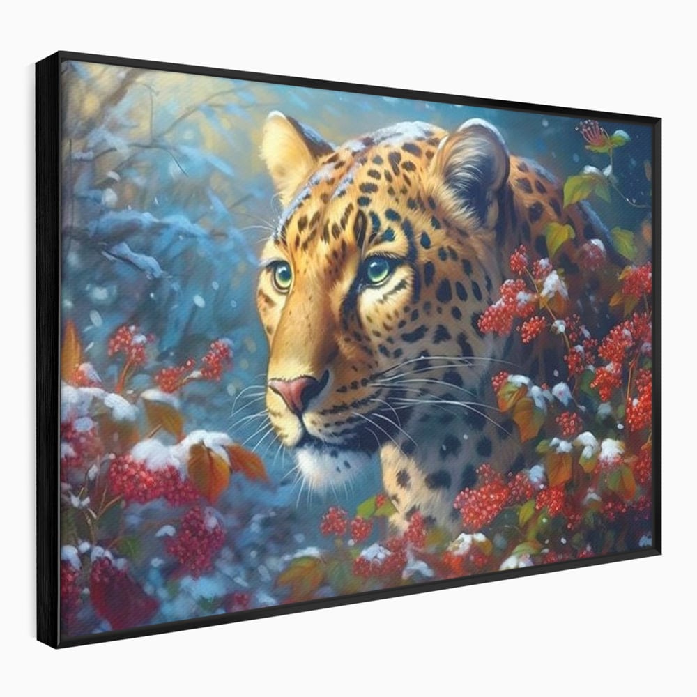 Tablou canvas cu tablou canvas cu jaguar in zapada, in rama de aluminiu negru